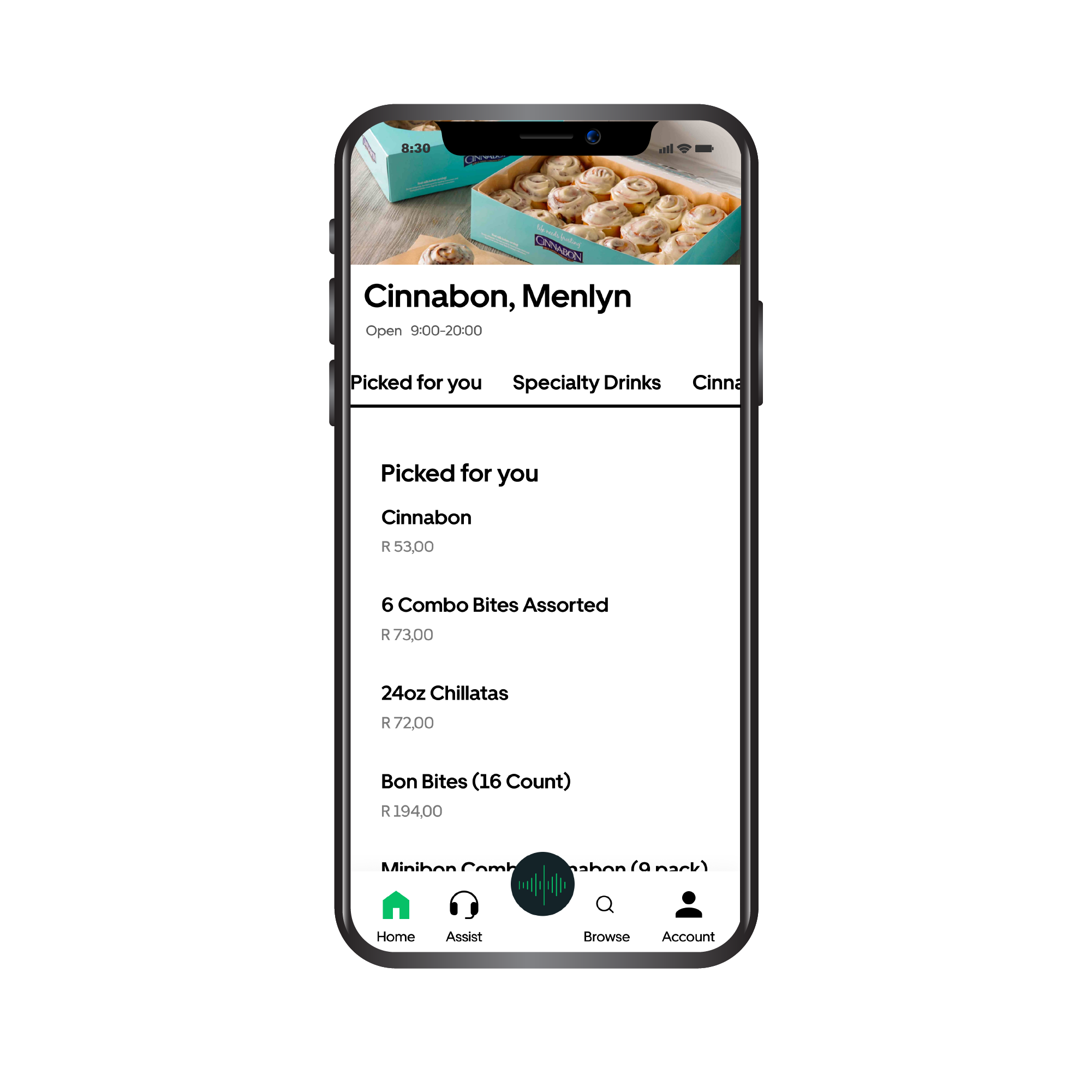 This image shows the cinnabon menu on the UberEats app.